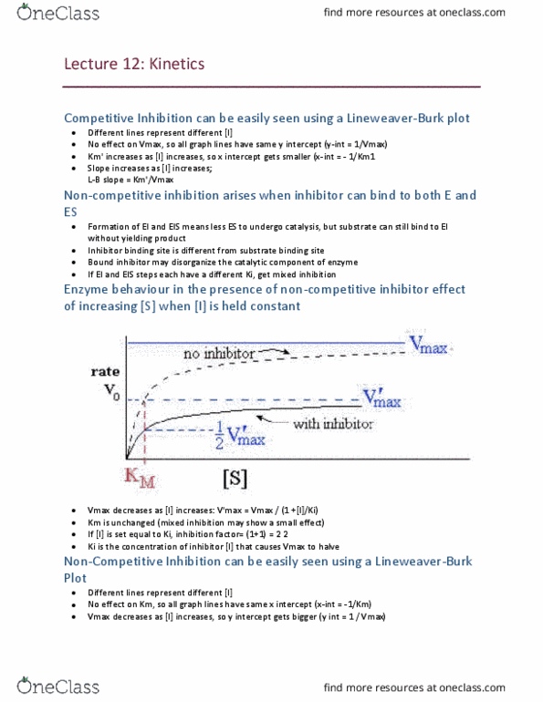 BIOC 2580 Lecture Notes - Lecture 12: Non-Competitive Inhibition, Competitive Inhibition, Enzyme thumbnail