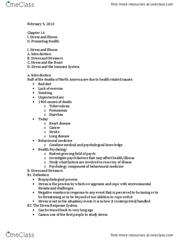 PSY 1102 Lecture Notes - Lecture 8: Antibody, Diarrhea, Stress (Biology) thumbnail