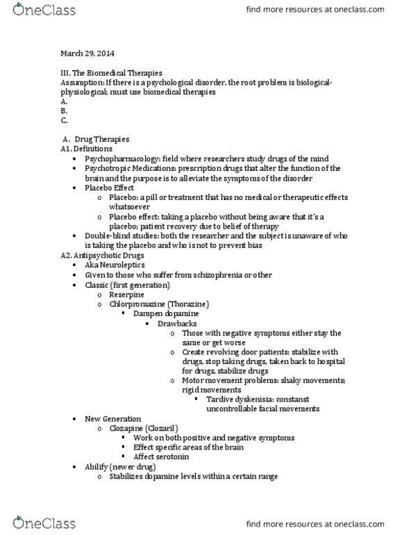 PSY 1102 Lecture Notes - Lecture 18: Reserpine, Buspirone, Psychosurgery thumbnail