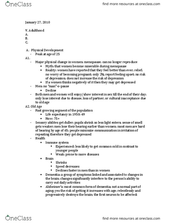 PSY 1102 Lecture Notes - Lecture 6: Common Cold, Menopause, Dementia thumbnail