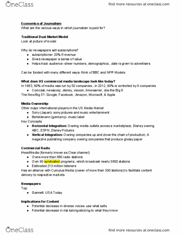 JOURN 1100 Lecture Notes - Lecture 1: Clear-Channel Station, Iheartmedia, News Corporation thumbnail