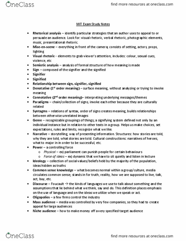 Media, Information and Technoculture 1050A/B Study Guide - Fall 2016 ...