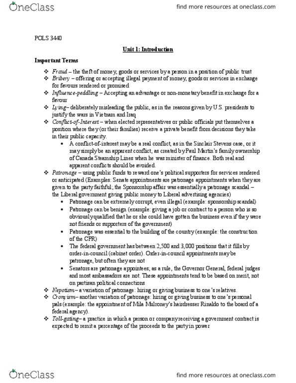 POLS 3440 Lecture Notes - Lecture 1: Sponsorship Scandal, Cronyism, Wolters Kluwer thumbnail