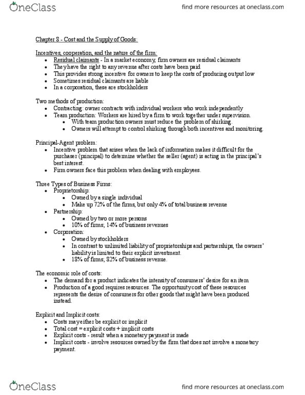 ECON 103 Chapter Notes - Chapter 8: Limited Liability, Average Variable Cost, Opportunity Cost thumbnail