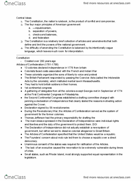 GVT-110 Chapter Notes - Chapter 1: Bicameralism, Direct Democracy, Intolerable Acts thumbnail