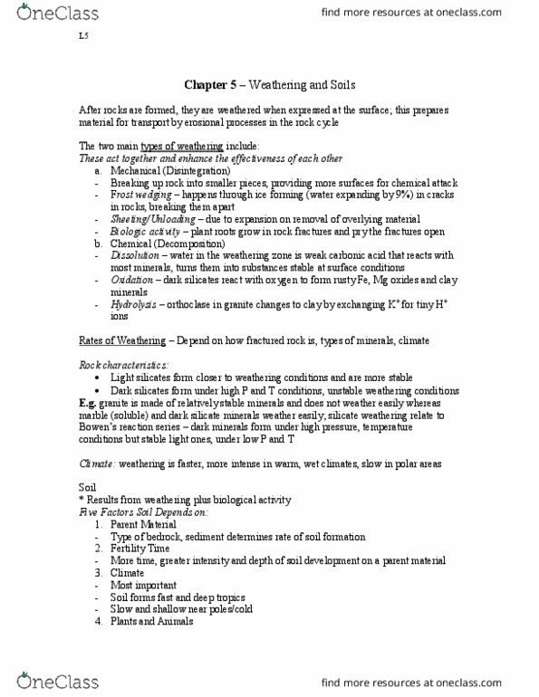 Earth Sciences 1022A/B Lecture Notes - Lecture 5: Hydrolysis, Pedogenesis, Silicate Minerals thumbnail