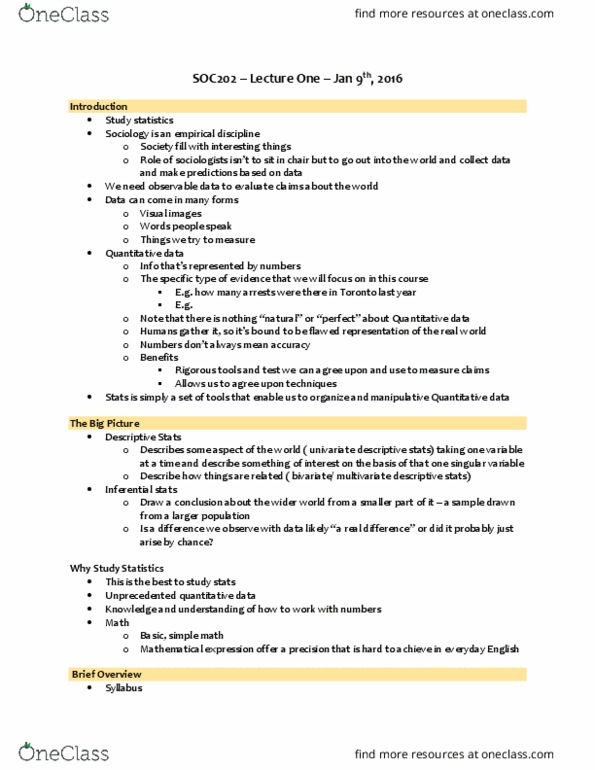 SOC202H1 Lecture Notes - Lecture 1: Interval Ratio, Categorical Variable, Frequency Distribution thumbnail