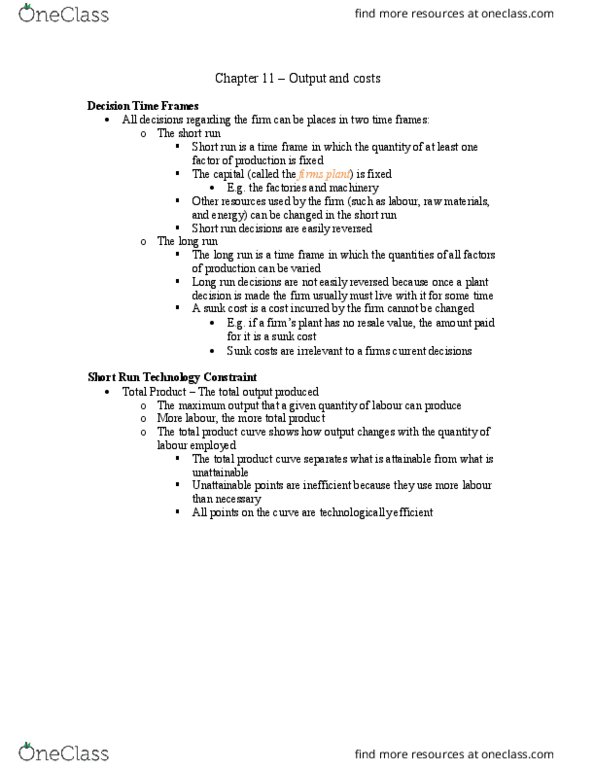 Economics 1021A/B Chapter Notes - Chapter 11: Fixed Cost, Sunk Costs, Marginal Cost thumbnail