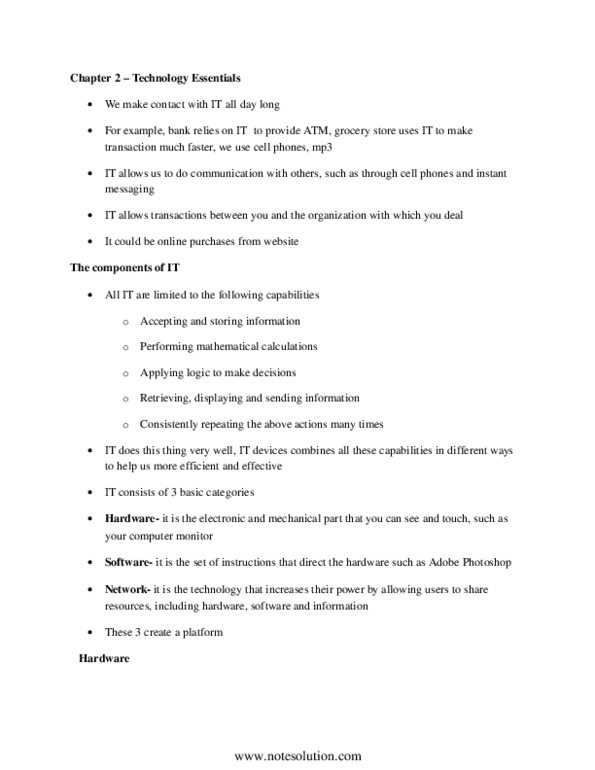 ITM 100 Chapter Notes - Chapter 2: Random-Access Memory, Computer Hardware, Software thumbnail