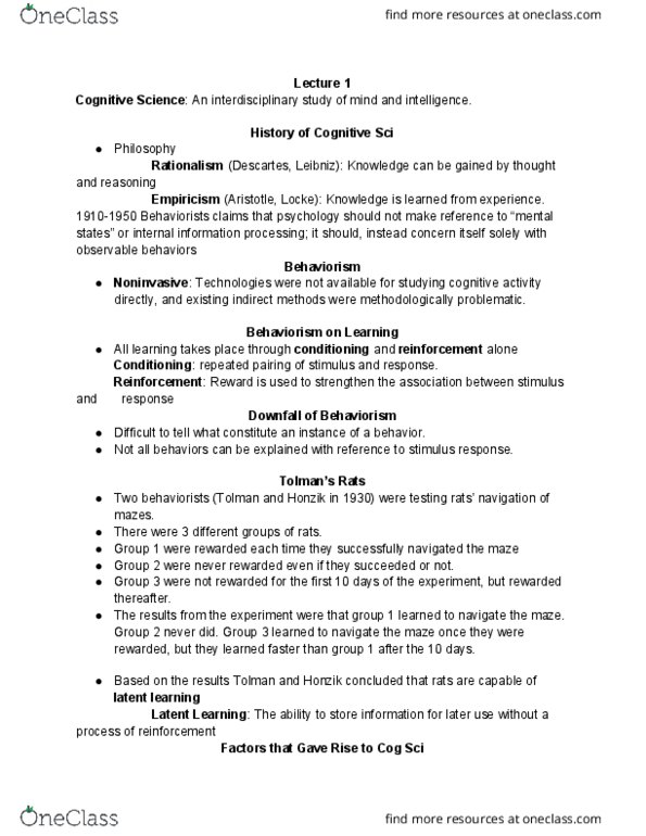 CGSC170 Lecture Notes - Lecture 1: Empiricism, Behaviorism thumbnail