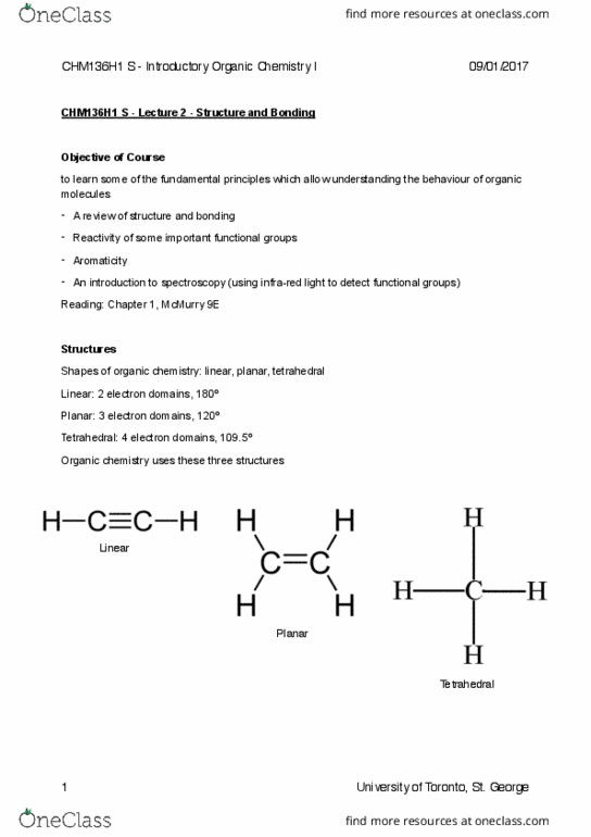 CHM136H1 Lecture Notes - Lecture 2: Aromaticity, Lewis Structure, Molecular Geometry thumbnail