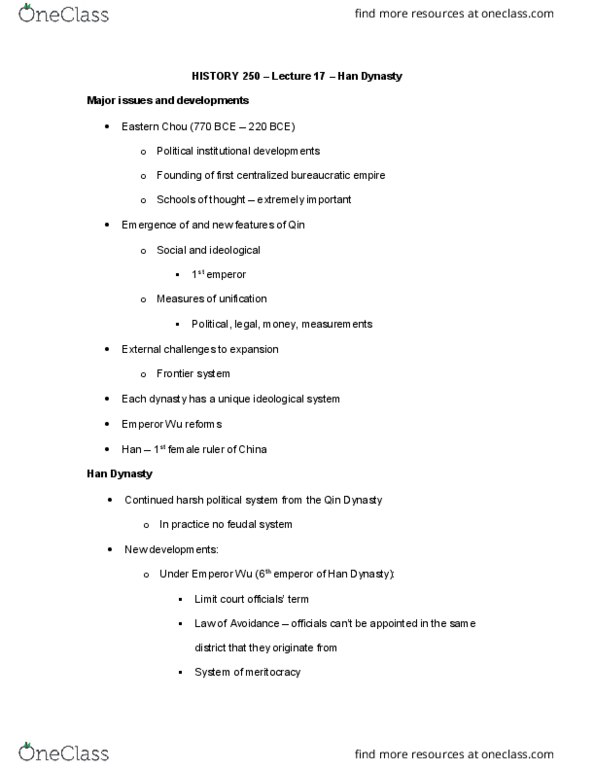 HISTORY 250 Lecture Notes - Lecture 17: Qin Dynasty, Class Stratification, Meritocracy thumbnail