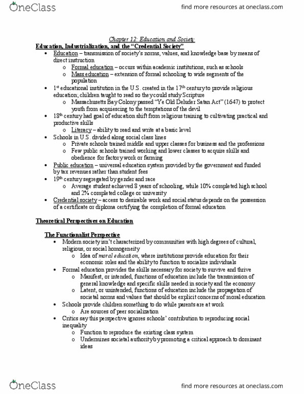 SOC 101 Chapter Notes - Chapter 12: Human Capital, Social Stratification, Social Inequality thumbnail