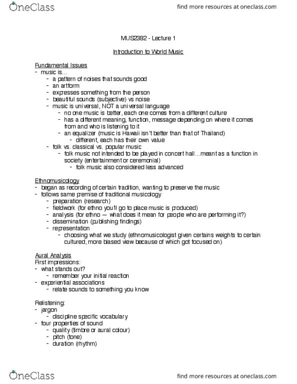 MUS 2382 Lecture Notes - Lecture 1: Jargon, Organology, Microtonal Music thumbnail