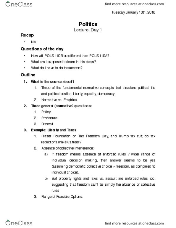 POLS 110 Lecture Notes - Lecture 13: Tax Freedom Day, Negative Liberty thumbnail