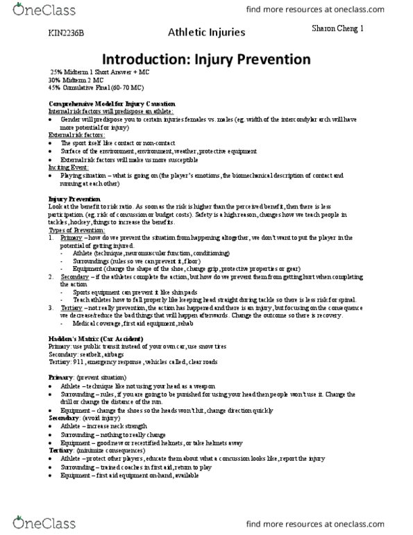 Kinesiology 2236A/B Lecture Notes - Lecture 1: Relative Risk, Sports Equipment thumbnail