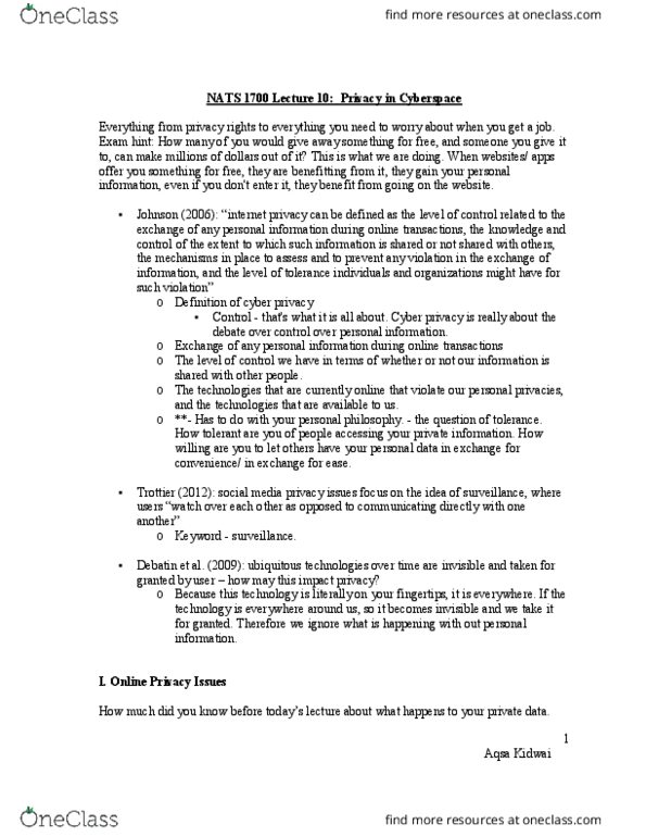NATS 1700 Lecture Notes - Lecture 10: Personal Information Protection And Electronic Documents Act, Social Network, Digital Footprint thumbnail