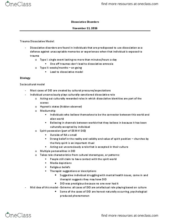 PSYCH 2AP3 Lecture Notes - Lecture 8: Holy Spirit, Psychogenic Amnesia, Etiology thumbnail