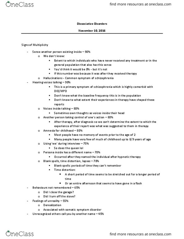 PSYCH 2AP3 Lecture Notes - Lecture 9: Psychogenic Amnesia, Freud'S Seduction Theory, Depersonalization thumbnail