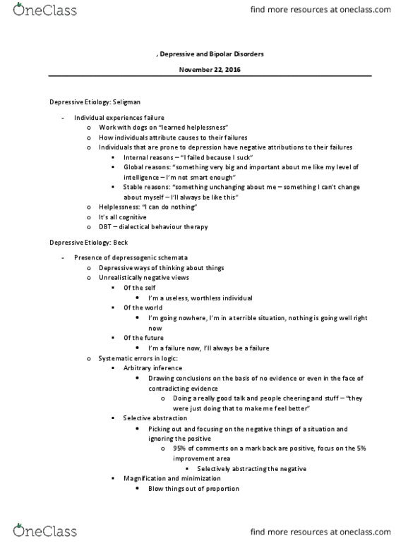 PSYCH 2AP3 Lecture Notes - Lecture 4: Hypomania, Mood Disorder, Etiology thumbnail