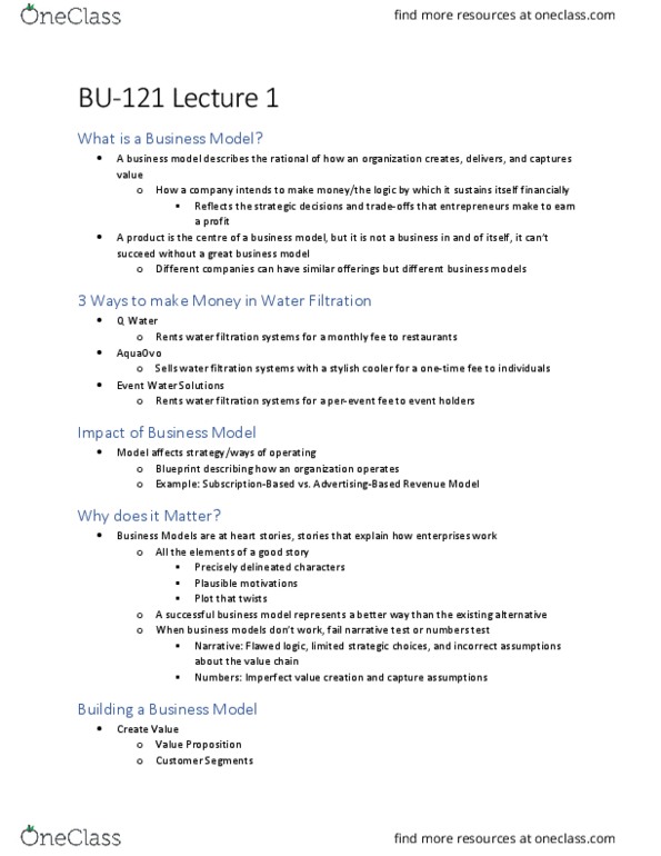 BU121 Lecture Notes - Lecture 1: Business Model Canvas, Ebay, Freemium thumbnail