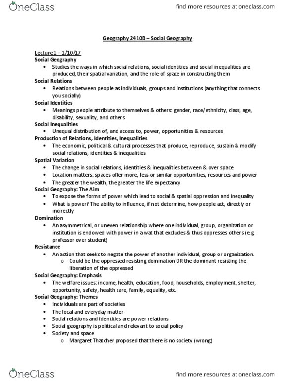 Geography 2410A/B Lecture Notes - Lecture 1: Social Determinism, Social Geography, Structuration Theory thumbnail