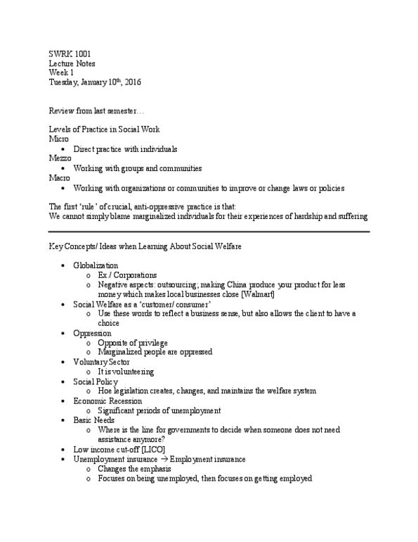 SWRK 1001H Lecture Notes - Lecture 1: Unemployment Benefits thumbnail