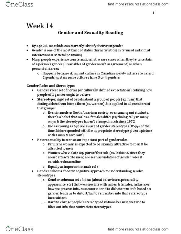 Psychology 2075 Chapter Notes - Chapter 13: Trans Woman, Gender Bender, Cisgender thumbnail