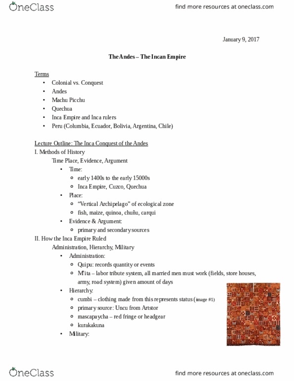 HUMAN 1B Lecture Notes - Lecture 1: Quinoa, Felipe Guaman Poma De Ayala, Huayna Capac thumbnail