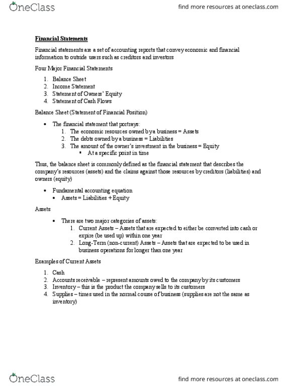 ACCTMIS 2200 Lecture Notes - Lecture 1: Historical Cost, Income Statement, Accounting Equation thumbnail