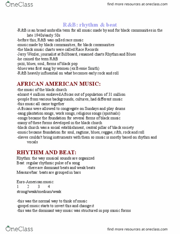 MU121 Lecture Notes - Lecture 3: African-American Music, Ragtime, Bessie Smith thumbnail
