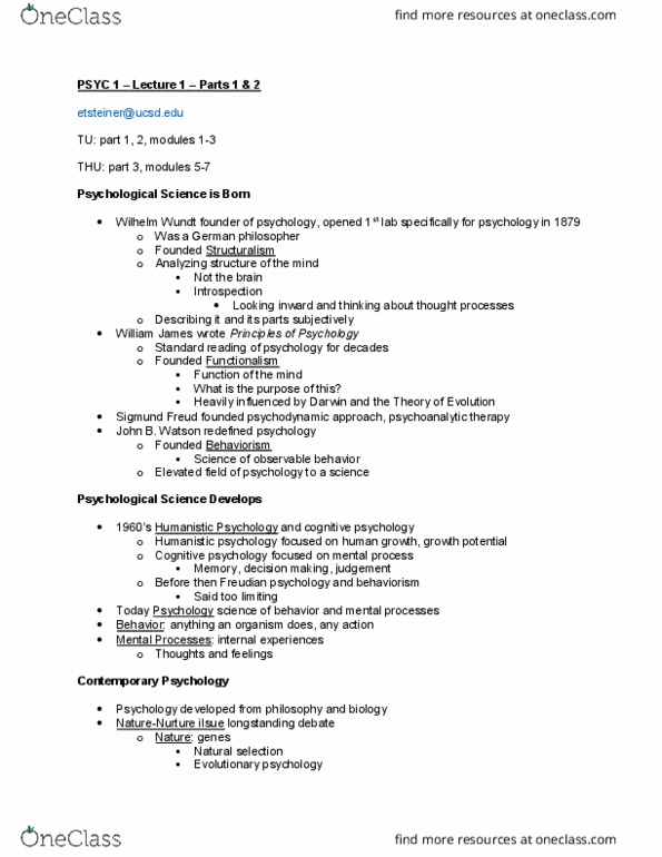 PSYC 1 Lecture Notes - Lecture 1: Theoretical Definition, Sigmund Freud, Evolutionary Psychology thumbnail