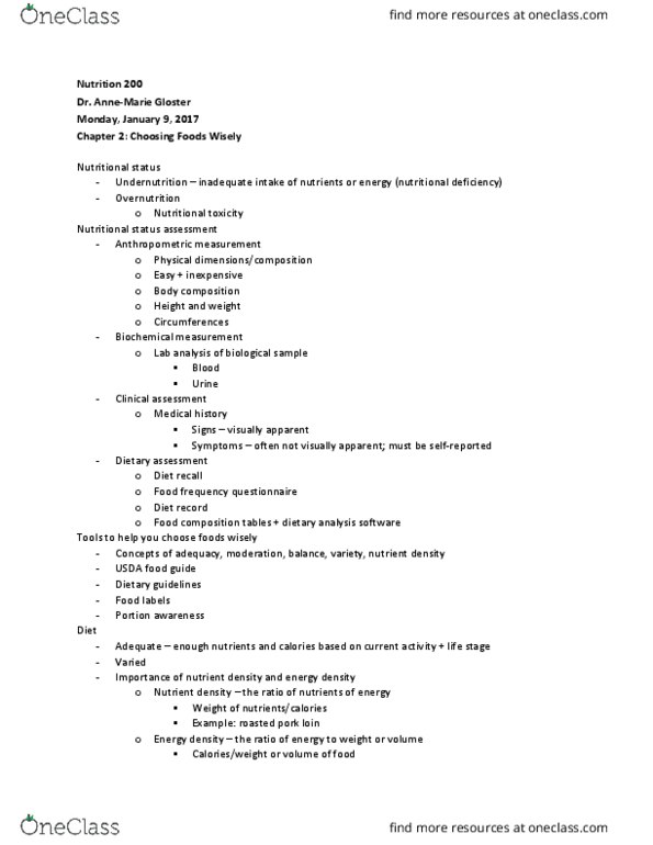 NUTR 200 Lecture Notes - Lecture 2: Food Composition Data, Body Composition, Questionnaire thumbnail