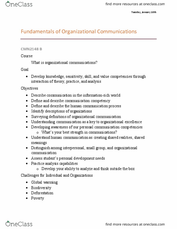 CMN 2148 Lecture Notes - Lecture 1: Organizational Communication, Knowledge Economy, Global Warming thumbnail