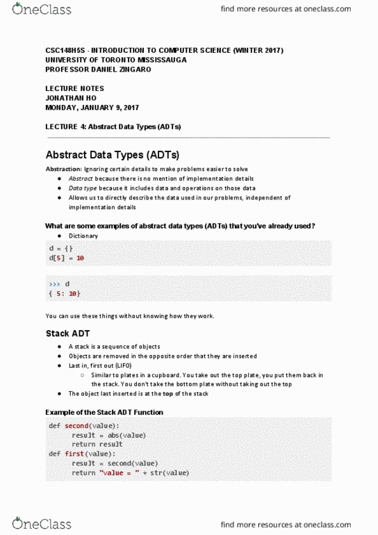 CSC148H5 Lecture Notes - Lecture 4: Data Type, Init, University Of Toronto Mississauga thumbnail