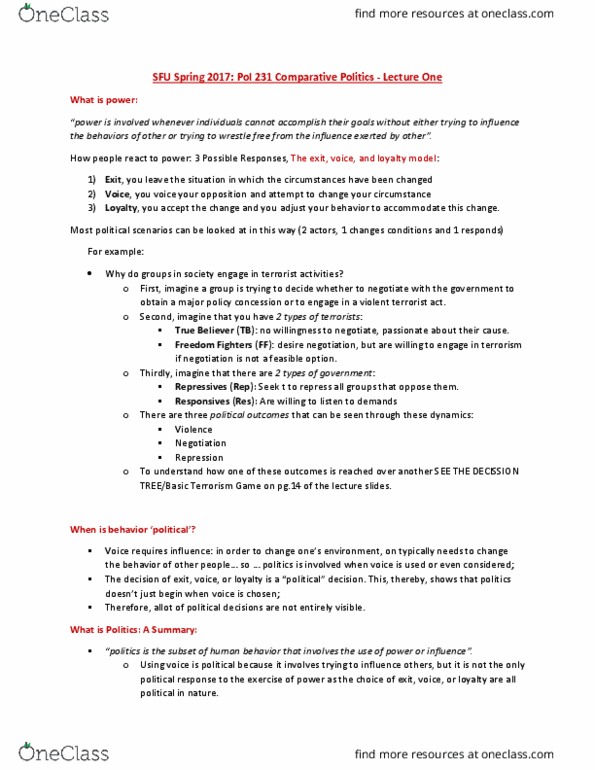 POL 231 Lecture Notes - Lecture 1: Comparative Politics thumbnail