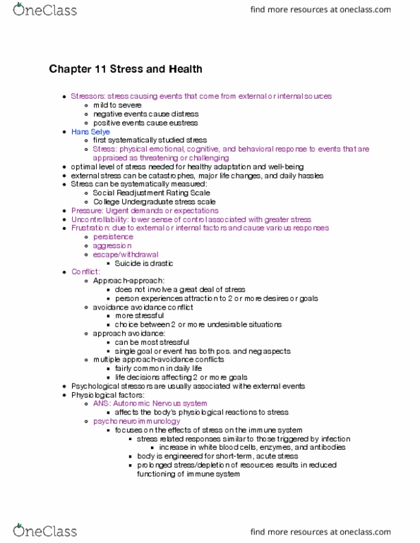 PSYC 101 Lecture Notes - Lecture 11: Sympathetic Nervous System, Psychoneuroimmunology, Eustress thumbnail