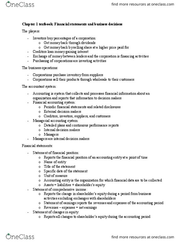 BU127 Chapter Notes - Chapter 1: Financial Statement, Financial Accounting, Retained Earnings thumbnail