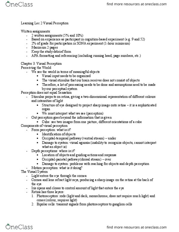 PSYCH 2H03 Lecture Notes - Lecture 2: Two-Streams Hypothesis, Depth Perception, Ganglion Cell thumbnail