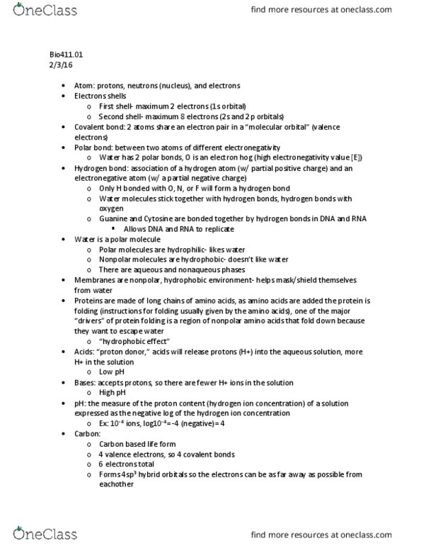 BIOL 411 Lecture Notes - Lecture 3: Hydrogen Bond, Protein Folding, Chemical Polarity thumbnail