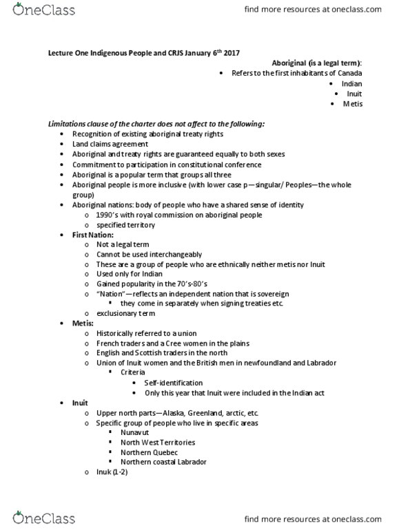 CRJS 4401 Lecture Notes - Lecture 1: Inuit, Indian Act, Indian Register thumbnail