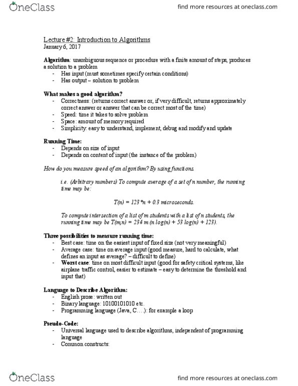COMP 250 Lecture Notes - Lecture 2: Universal Language, Mathematical Notation, Binary Search Algorithm thumbnail