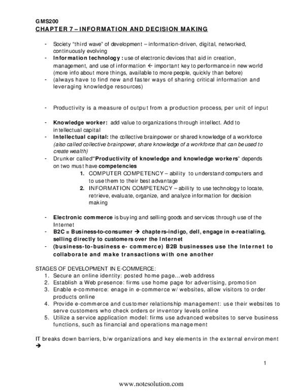GMS 200 Chapter Notes - Chapter 7: Decision Support System, Customer Relationship Management, Electronic Data Interchange thumbnail