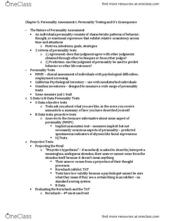 PSYC370 Chapter Notes - Chapter 5: Consistency, Content Validity, Trait Theory thumbnail