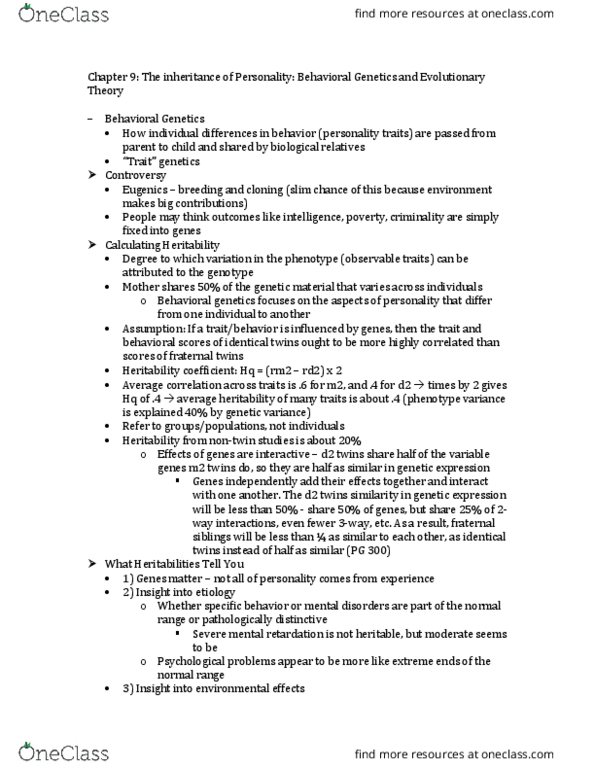 PSYC370 Chapter Notes - Chapter 9: Behavioural Genetics, Determinism, Epigenetics thumbnail