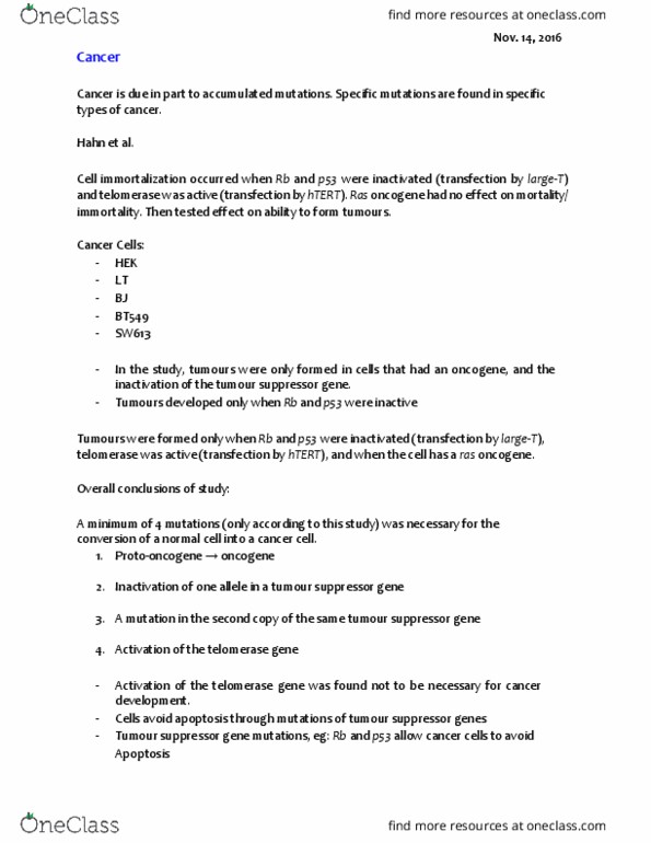 BIOL 1F25 Lecture Notes - Lecture 11: Epistasis, Tumor Suppressor Gene, Telomerase Reverse Transcriptase thumbnail