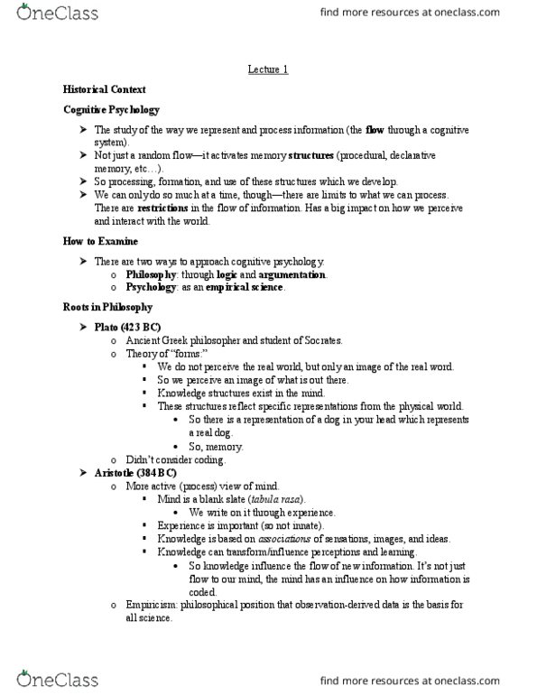 PSYC 2700 Lecture Notes - Lecture 1: Brain, Sensory Memory, Mental Chronometry thumbnail