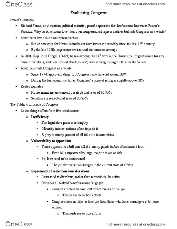 POLS 1113 Lecture Notes - Lecture 18: Richard Fenno thumbnail