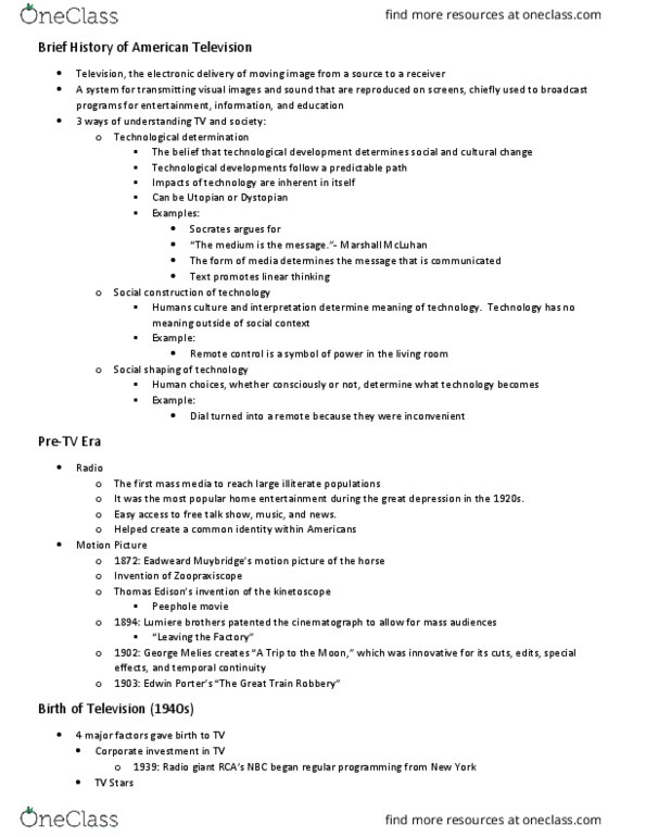 RTV 3405 Lecture Notes - Lecture 2: Time Shifting, Cinematograph, Cable Television thumbnail