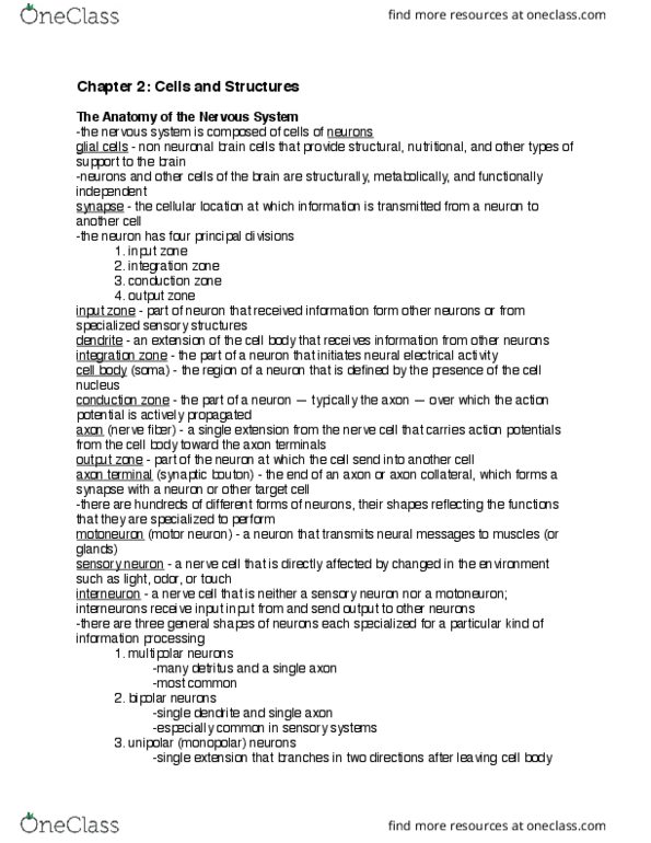 PSYCH 212 Chapter Notes - Chapter 2: Cell Nucleus, Axon Terminal, Axon Hillock thumbnail